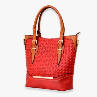 Red square embossed handbag.